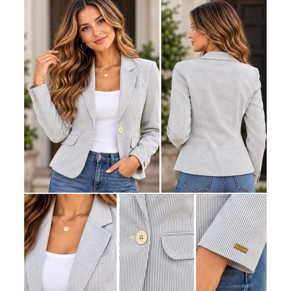 Tommy Hilfiger Womens Blue White Pinstripe Blazer Jacket Sz 8 nautical coastal